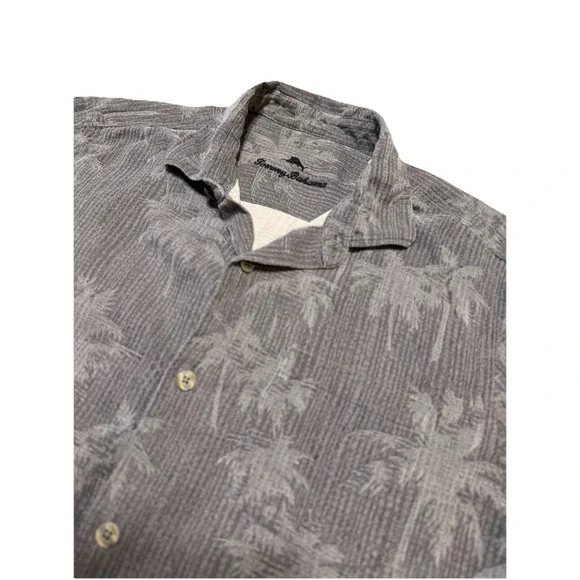 Tommy Bahama Shirt Mens L Gray‎ Hawaiian Silk Palm Tree Beach Retro Vintage - Picture 4 of 12